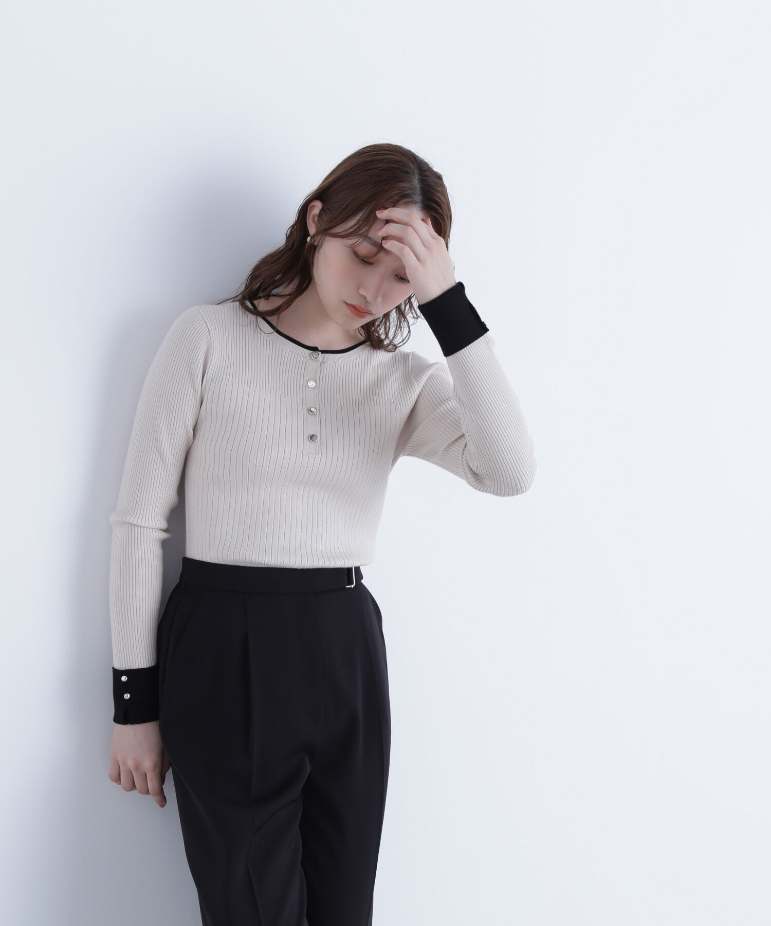  「フロントボタンバイカラーニット」|ニット・セーター|