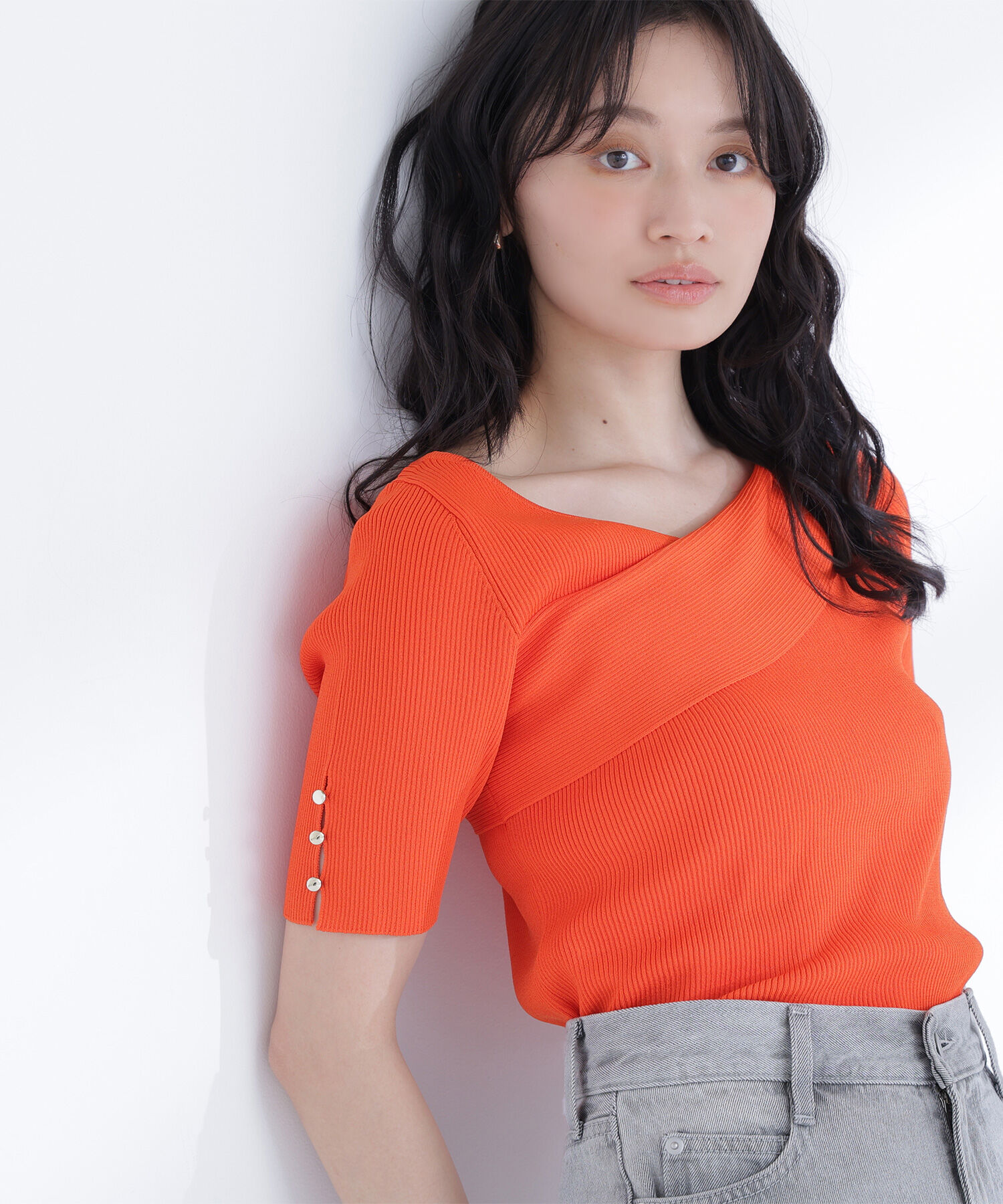  「クロスネックリブニット」|ニット・セーター|オレンジ1