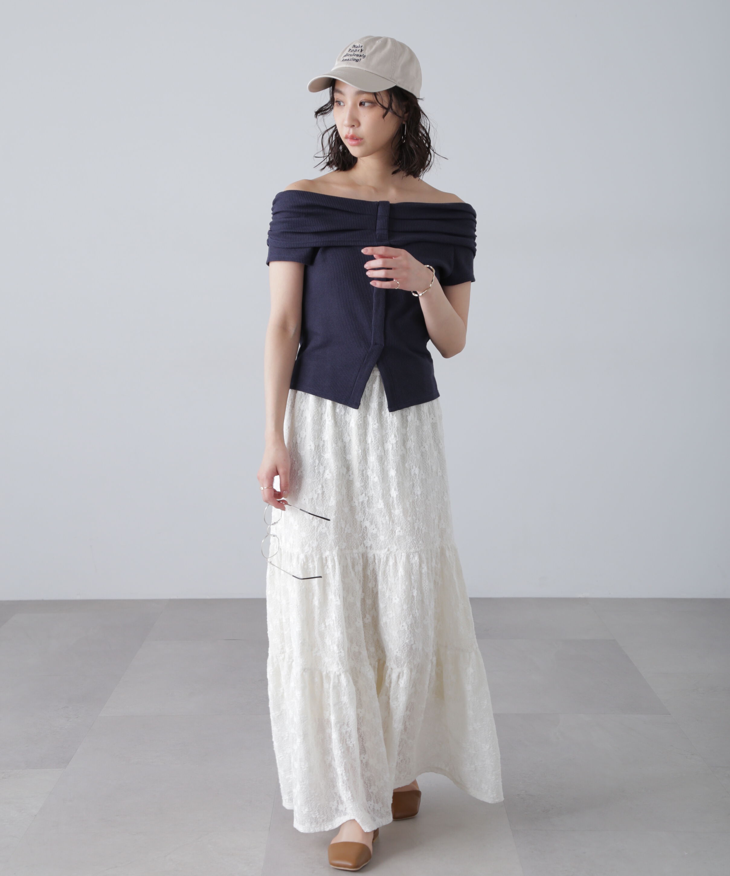  「オフショルフレンチスリーブ前スリットカットソー」|Tシャツ・カットソー|