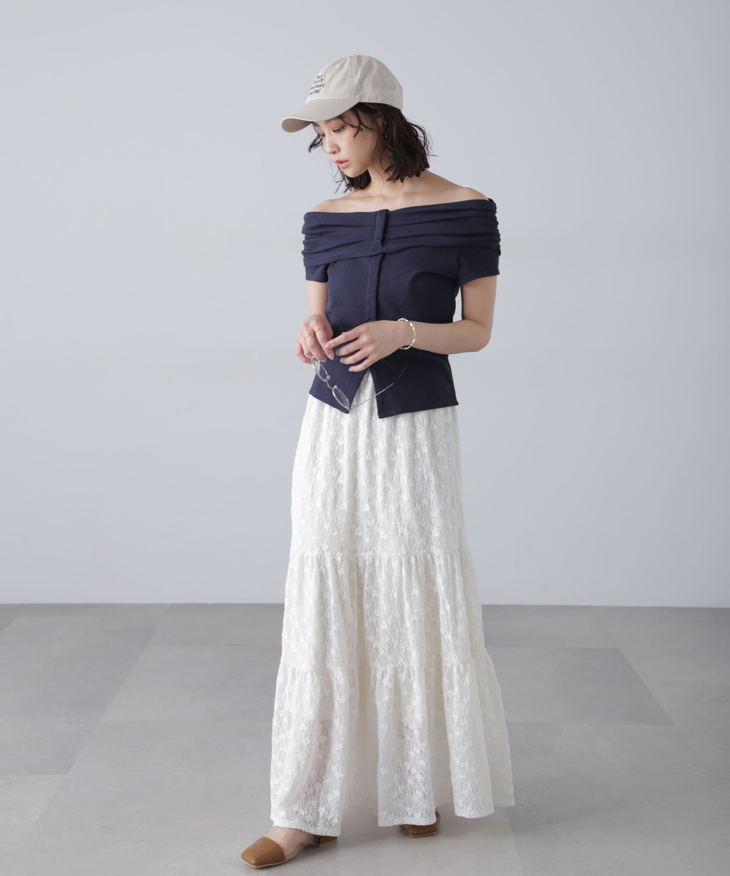  「オフショルフレンチスリーブ前スリットカットソー」|Tシャツ・カットソー|