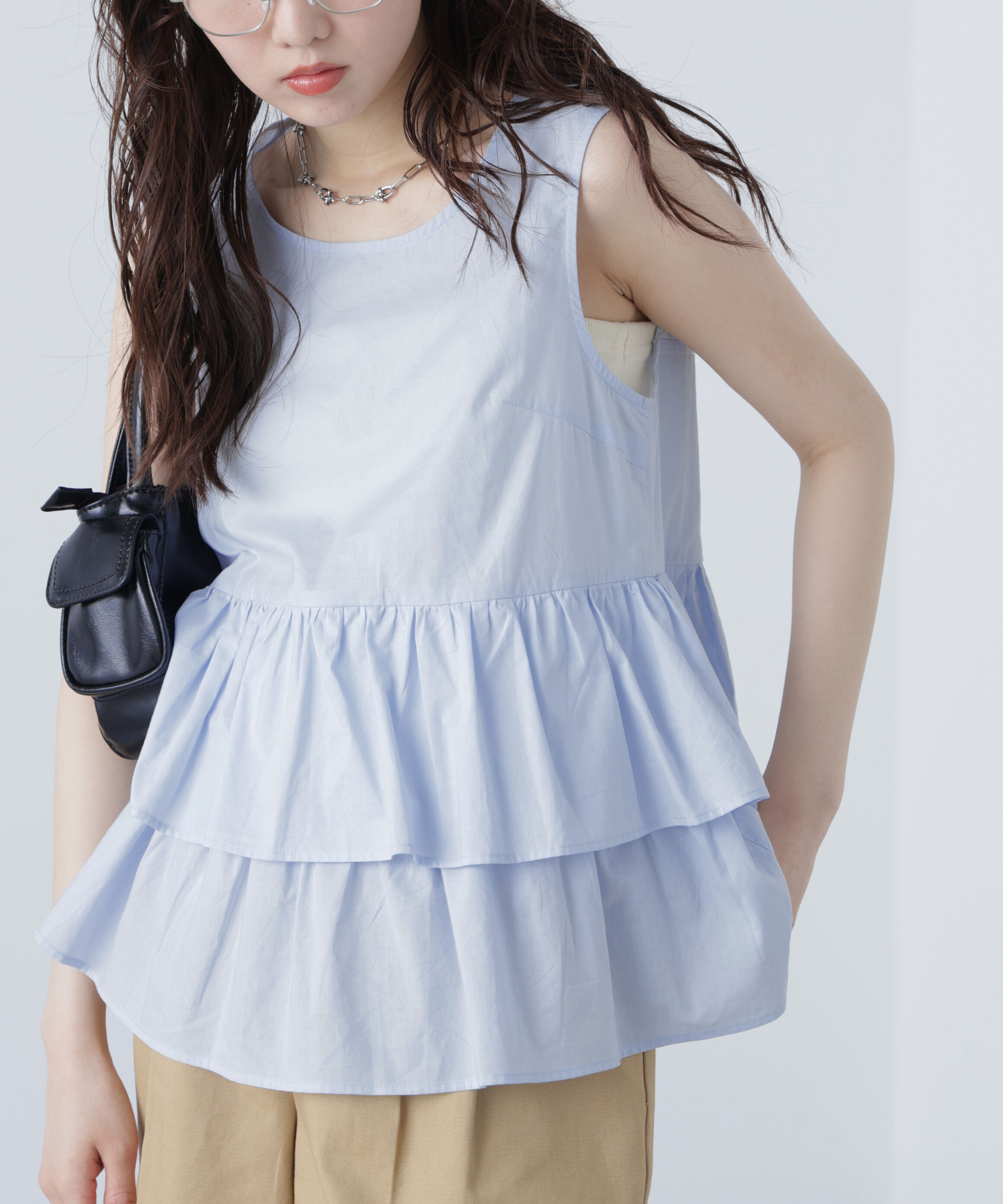  「シアーノースリーブティアードブラウス」|シャツ・ブラウス|ブルー