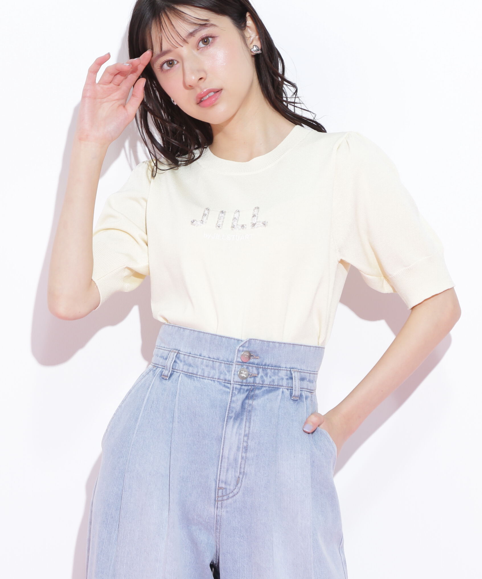  「パールミニロゴパフスリーブニットトップス」|ニット・セーター|