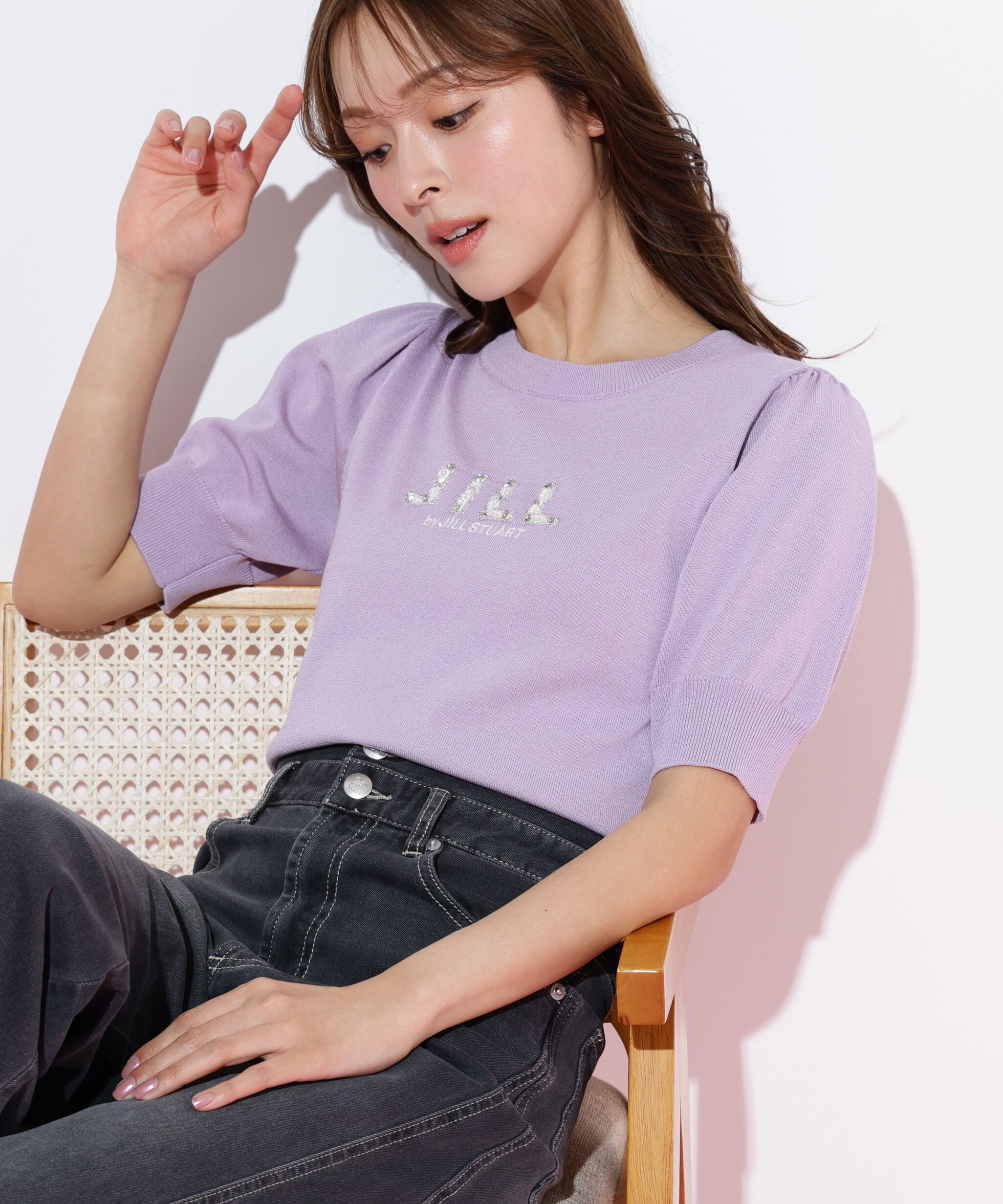  「パールミニロゴパフスリーブニットトップス」|ニット・セーター|