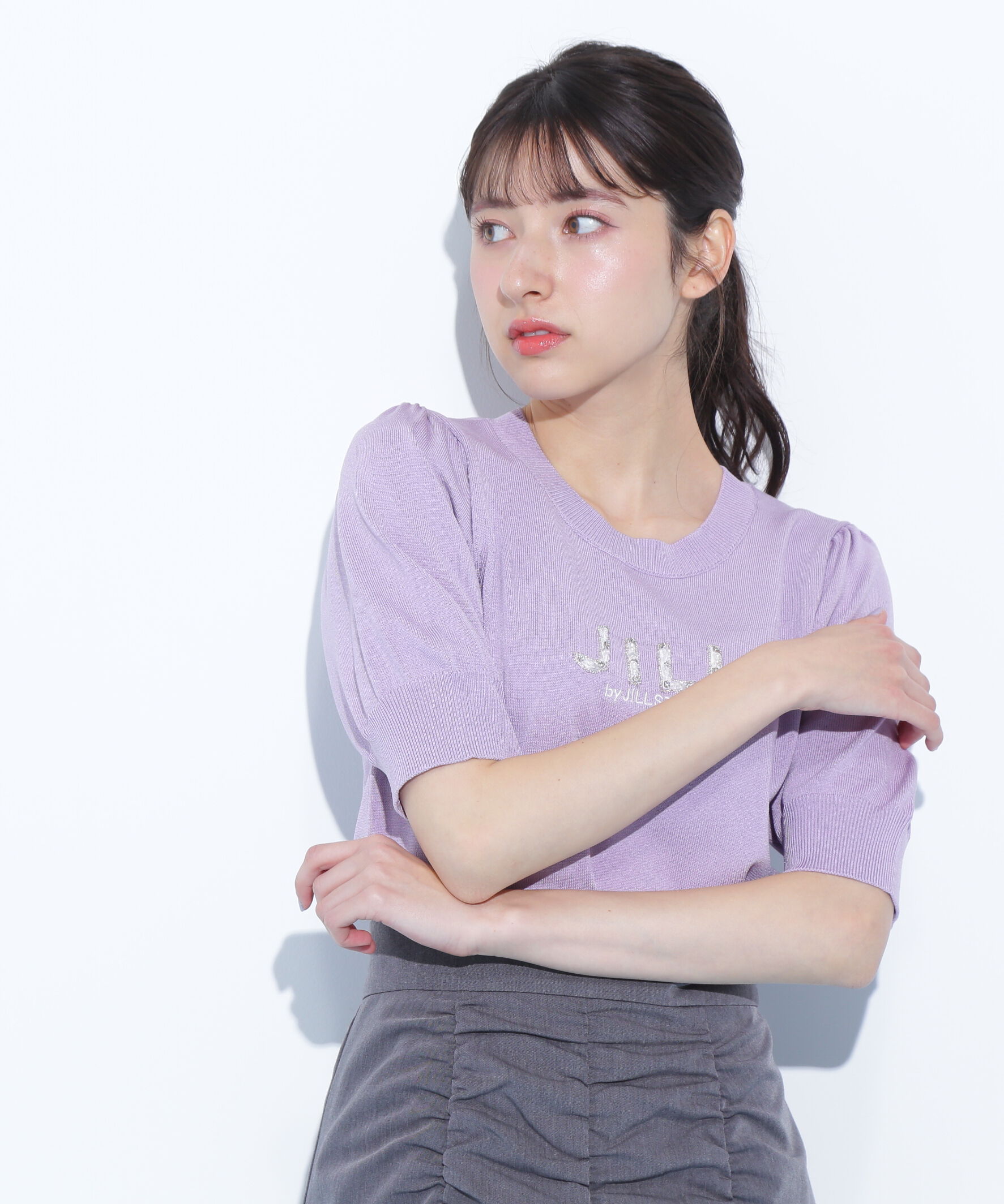  「パールミニロゴパフスリーブニットトップス」|ニット・セーター|