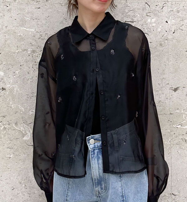 archives「ビーズ花柄刺繍シアーショートシャツ」|シャツ・ブラウス|BLACK