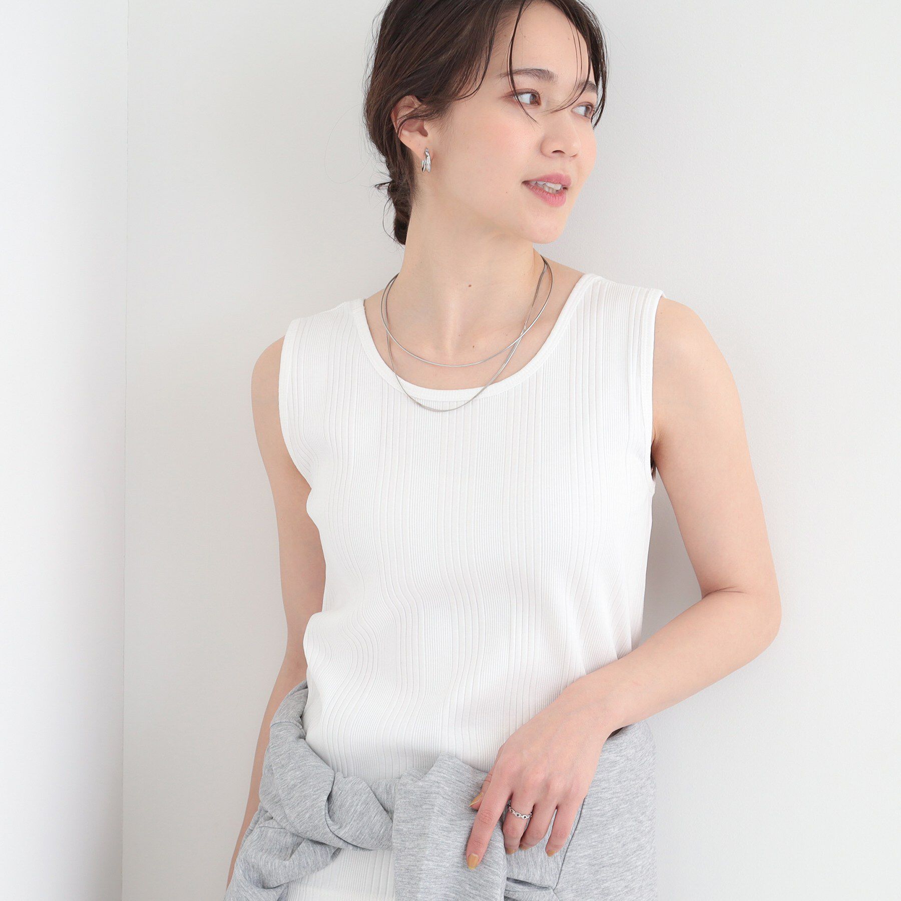 SHOO･LA･RUE「【前後2WAY/S-LL】毎日のお供に ランダムテレコタンクトップ」|キャミソール|ホワイト(001)