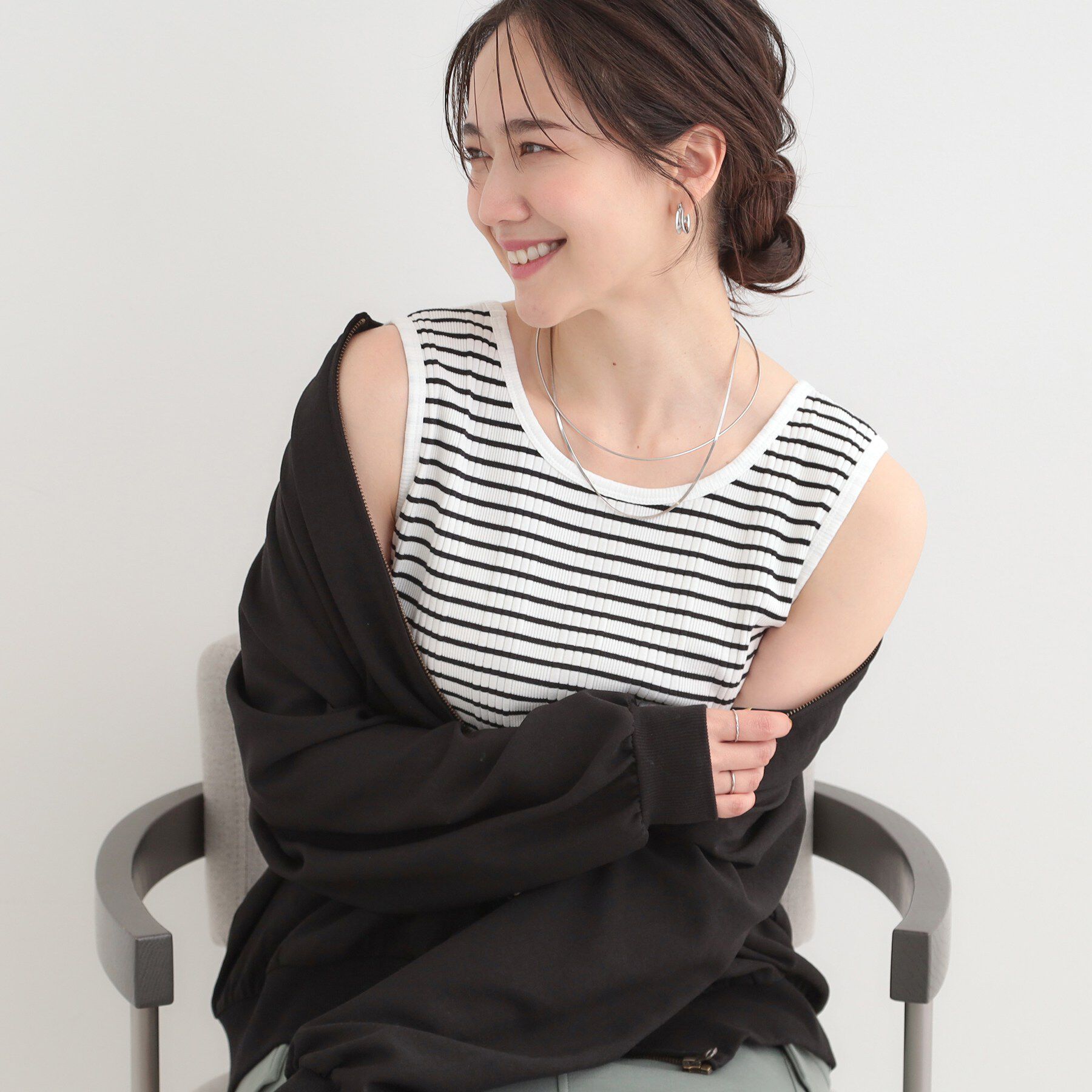 SHOO･LA･RUE「【前後2WAY/S-LL】毎日のお供に ランダムテレコタンクトップ」|キャミソール|ブラック(319)