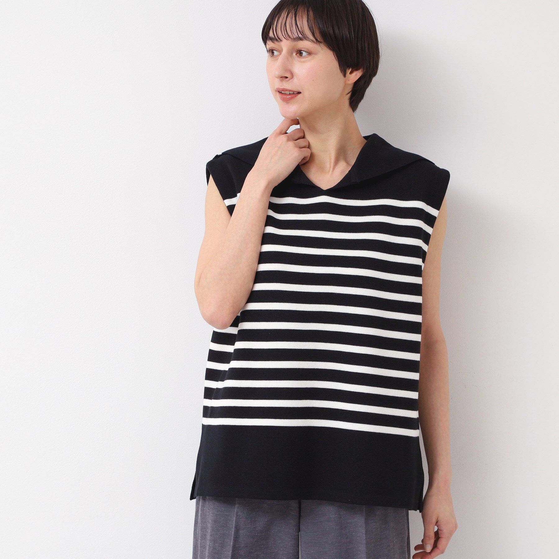 Dessin「【洗える】セーラーカラーボーダーニット」|ニット・セーター|ブラック(319)