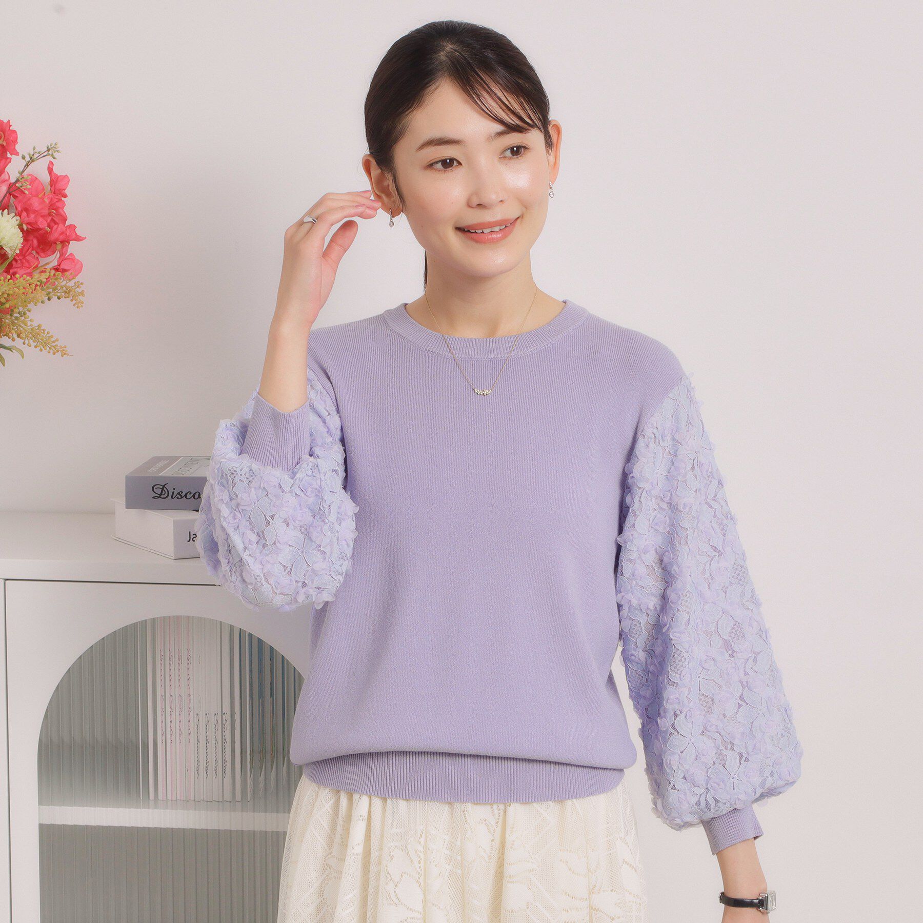ITS&rsquo;DEMO「【手洗い可】立体チュールレース袖ニット」|ニット・セーター|ラベンダー(080)
