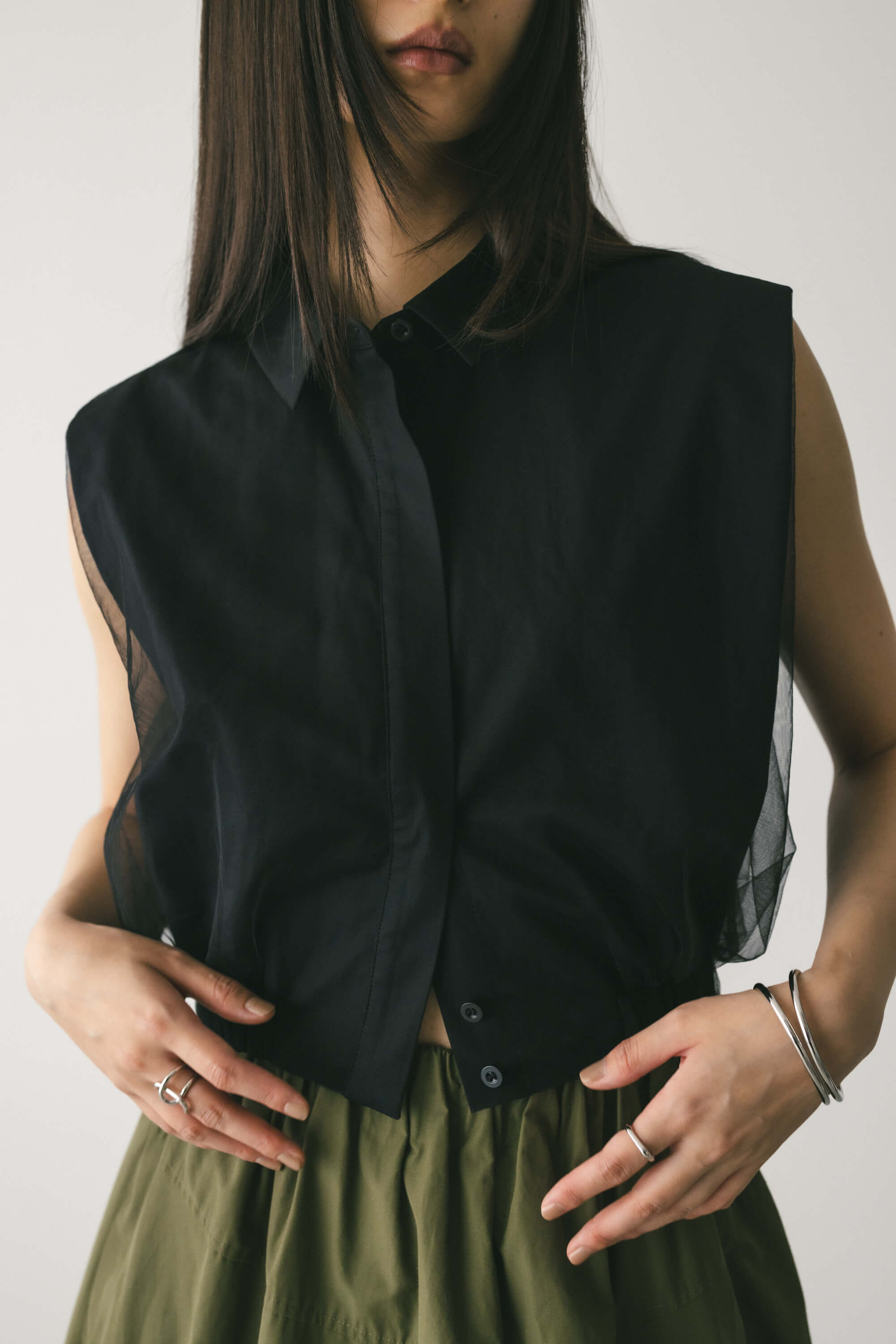 STYLEMIXER「チュールレイヤードシャツ」|タンクトップ|BLK