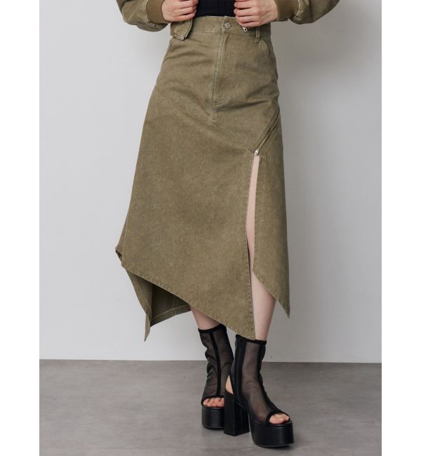 MURUA「ウォッシュアシメラッフルZIPスカート【セット販売対象】」|スカート|カーキ