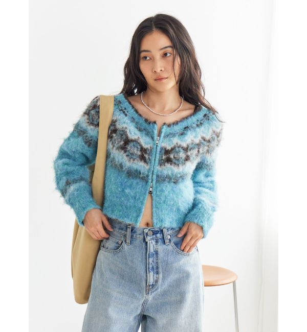 Ungrid「【WEB限定】求心柄ショートジップニット」|ニット・セーター|ブルー