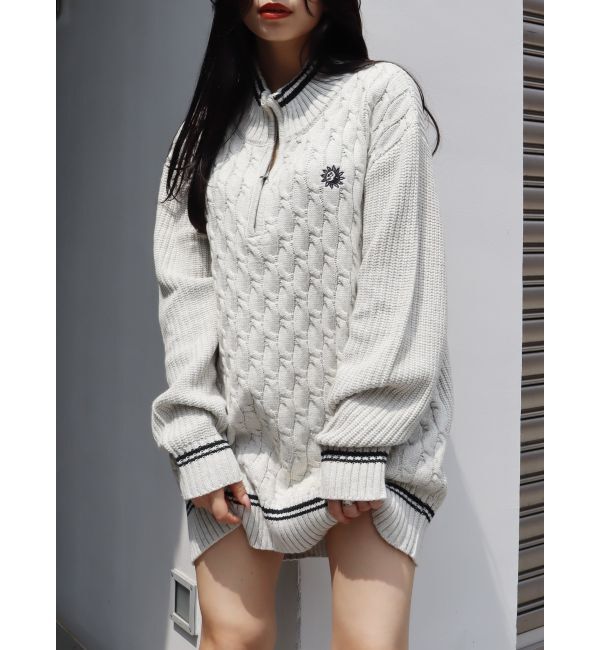 EVRIS「ケーブルSUNNYハーフジップニットトップス」|ニット・セーター|グレー