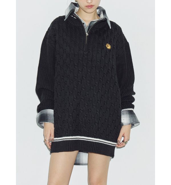 EVRIS「ケーブルSUNNYハーフジップニットトップス」|ニット・セーター|ブラック