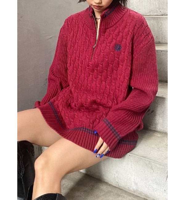 EVRIS「ケーブルSUNNYハーフジップニットトップス」|ニット・セーター|レッド