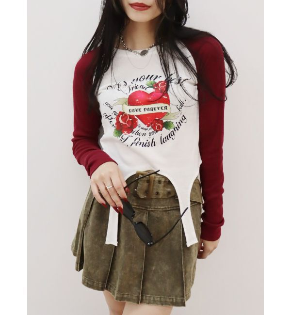 EVRIS「ローズグラフィックガーターデザイントップス」|Tシャツ・カットソー|レッド