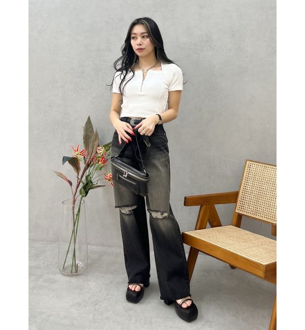 EVRIS「スクエアネックフロントZIPトップス」|Tシャツ・カットソー|