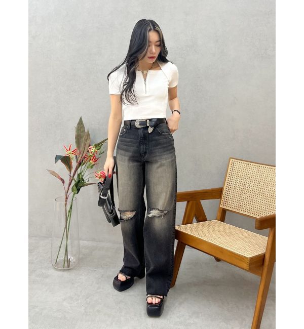 EVRIS「スクエアネックフロントZIPトップス」|Tシャツ・カットソー|