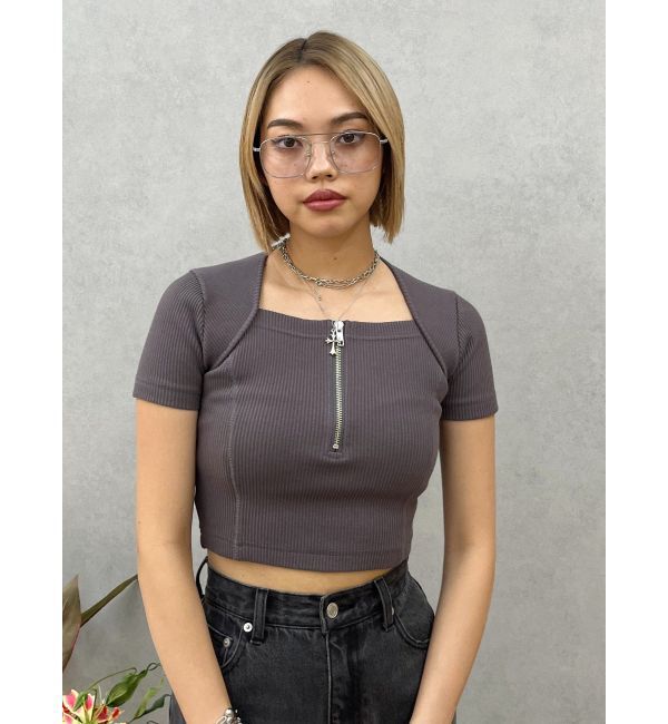 EVRIS「スクエアネックフロントZIPトップス」|Tシャツ・カットソー|