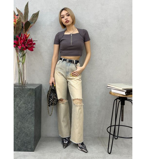 EVRIS「スクエアネックフロントZIPトップス」|Tシャツ・カットソー|