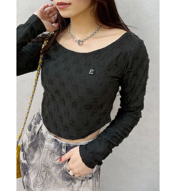 EVRIS「ダメージカットクロップドロンＴ」|Tシャツ・カットソー|