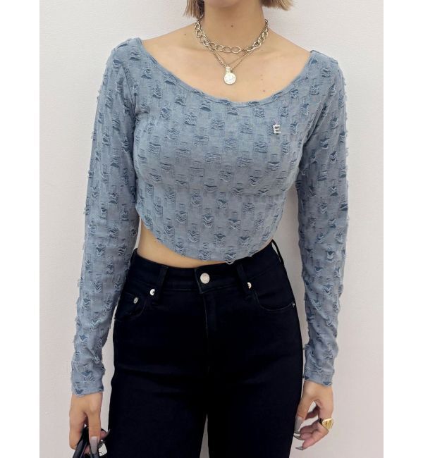 EVRIS「ダメージカットクロップドロンＴ」|Tシャツ・カットソー|ブルー