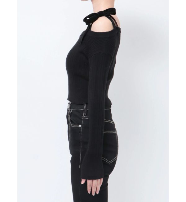 GYDA「ベロアリボンオフショルニットトップス」|ニット・セーター|