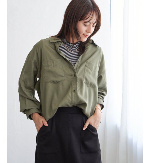 ikka「セルロース／デニムポケ付きシャツ」|シャツ・ブラウス|カーキ