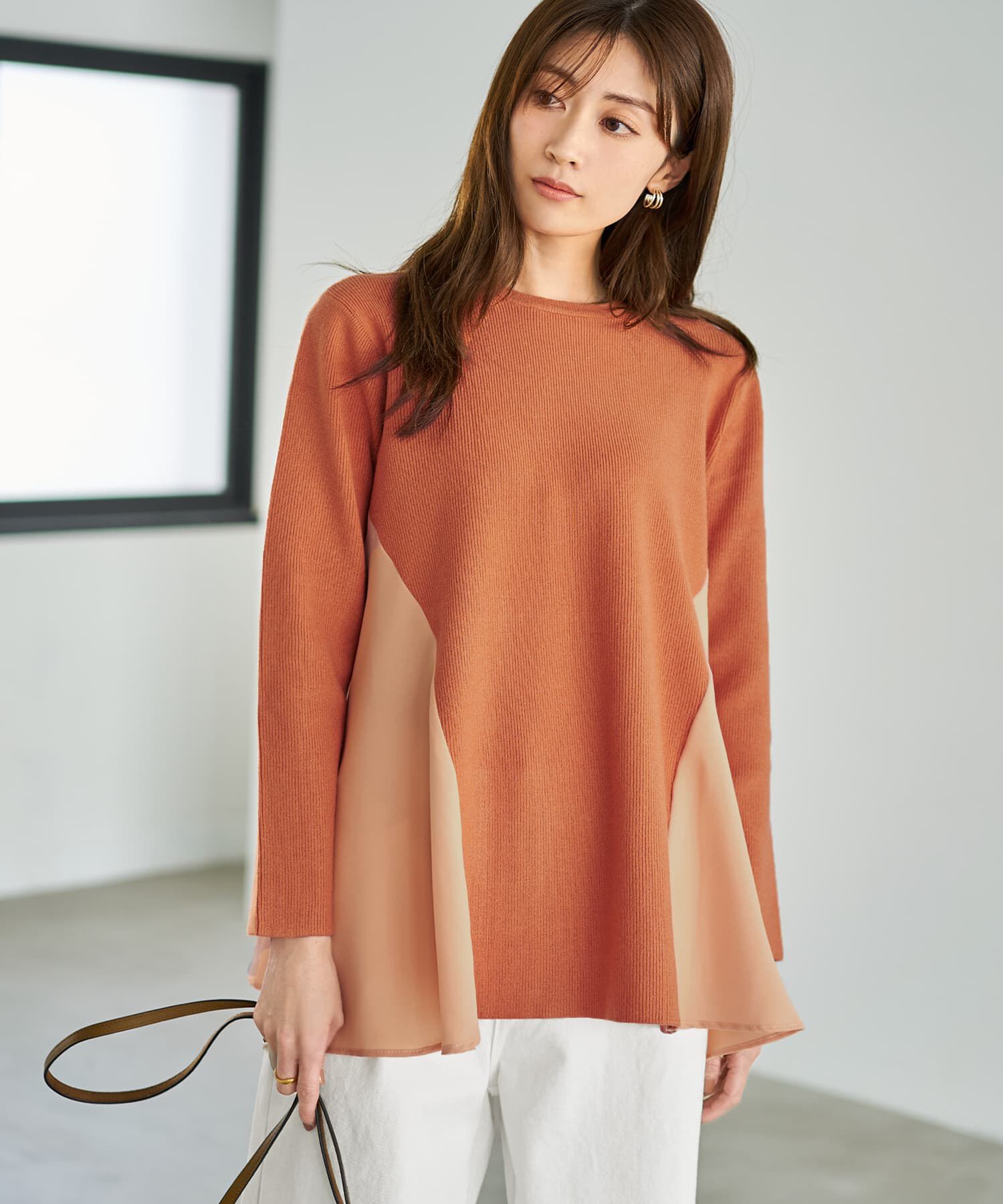 STYLE DELI「ジョーゼットコンビフレアニット」|ニット・セーター|ソフトオレンジ