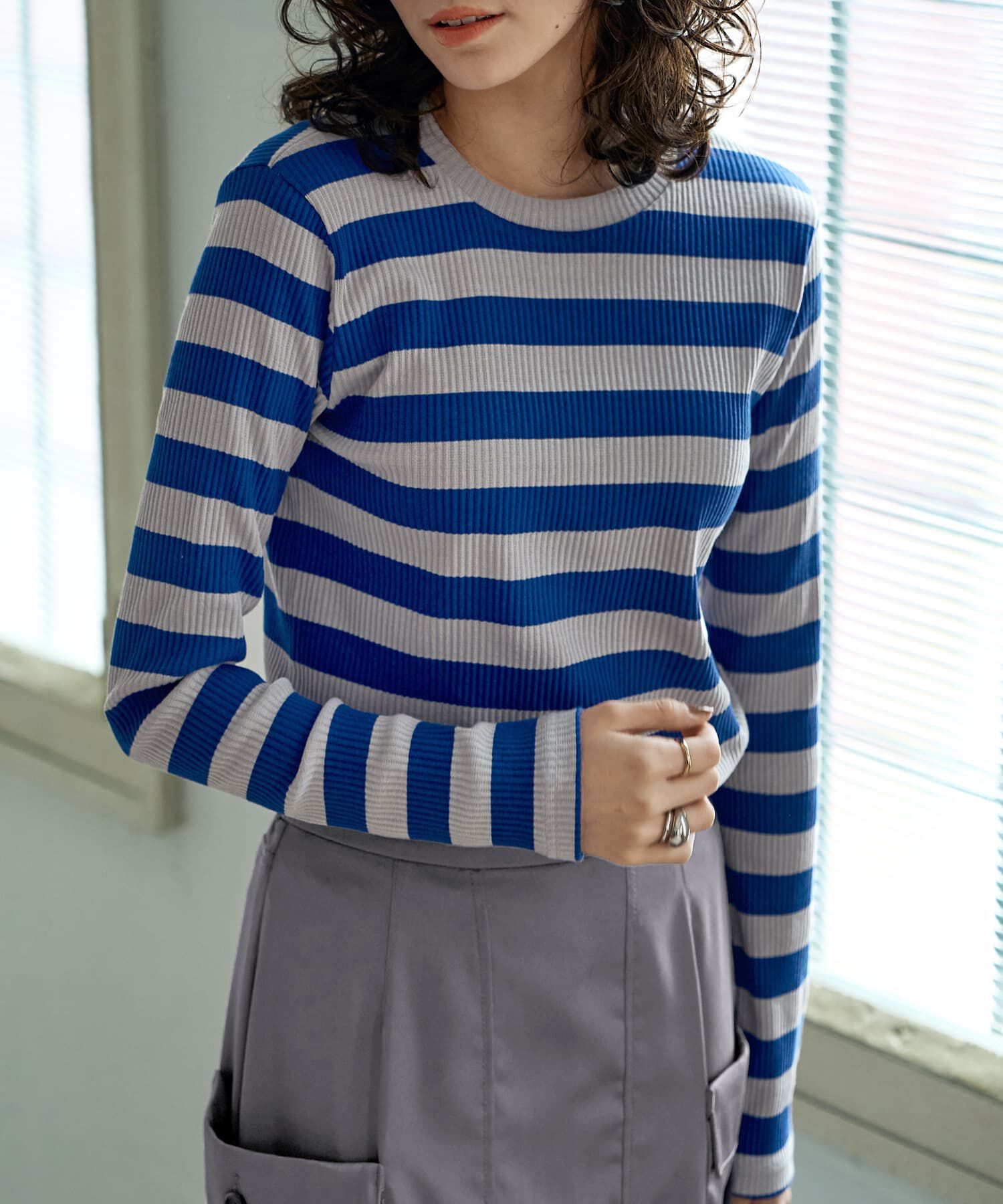 STYLE DELI「カラーボーダーリブトップス」|Tシャツ・カットソー|ブルー