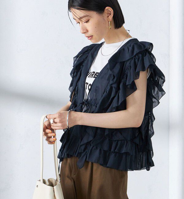 SHIPS for women「〈手洗い可能〉フリル ノースリーブ ブラウス ◇」|シャツ・ブラウス|ネイビー