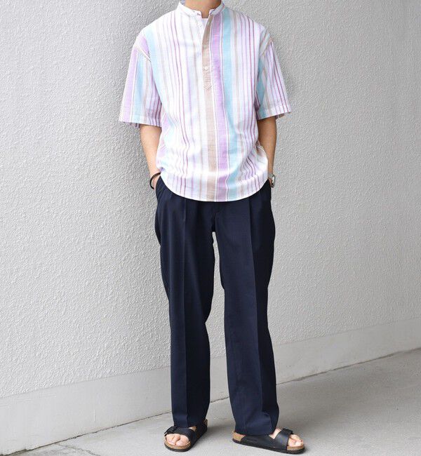 SHIPS any「SHIPS any: BEZ TEXTILE マルチカラー ストライプ/ソリッド バンドカラー プルオーバー シャツ◇」|シャツ・ブラウス|