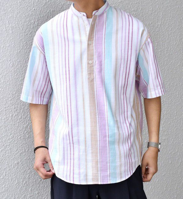SHIPS any「SHIPS any: BEZ TEXTILE マルチカラー ストライプ/ソリッド バンドカラー プルオーバー シャツ◇」|シャツ・ブラウス|