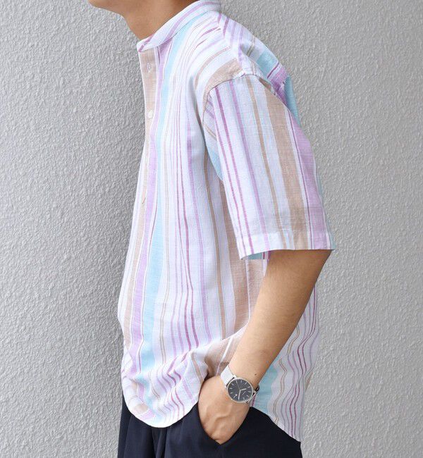 SHIPS any「SHIPS any: BEZ TEXTILE マルチカラー ストライプ/ソリッド バンドカラー プルオーバー シャツ◇」|シャツ・ブラウス|