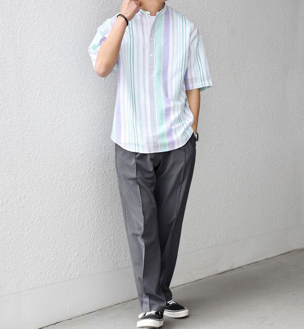 SHIPS any「SHIPS any: BEZ TEXTILE マルチカラー ストライプ/ソリッド バンドカラー プルオーバー シャツ◇」|シャツ・ブラウス|