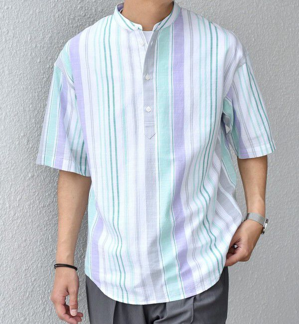 SHIPS any「SHIPS any: BEZ TEXTILE マルチカラー ストライプ/ソリッド バンドカラー プルオーバー シャツ◇」|シャツ・ブラウス|