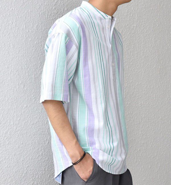 SHIPS any「SHIPS any: BEZ TEXTILE マルチカラー ストライプ/ソリッド バンドカラー プルオーバー シャツ◇」|シャツ・ブラウス|