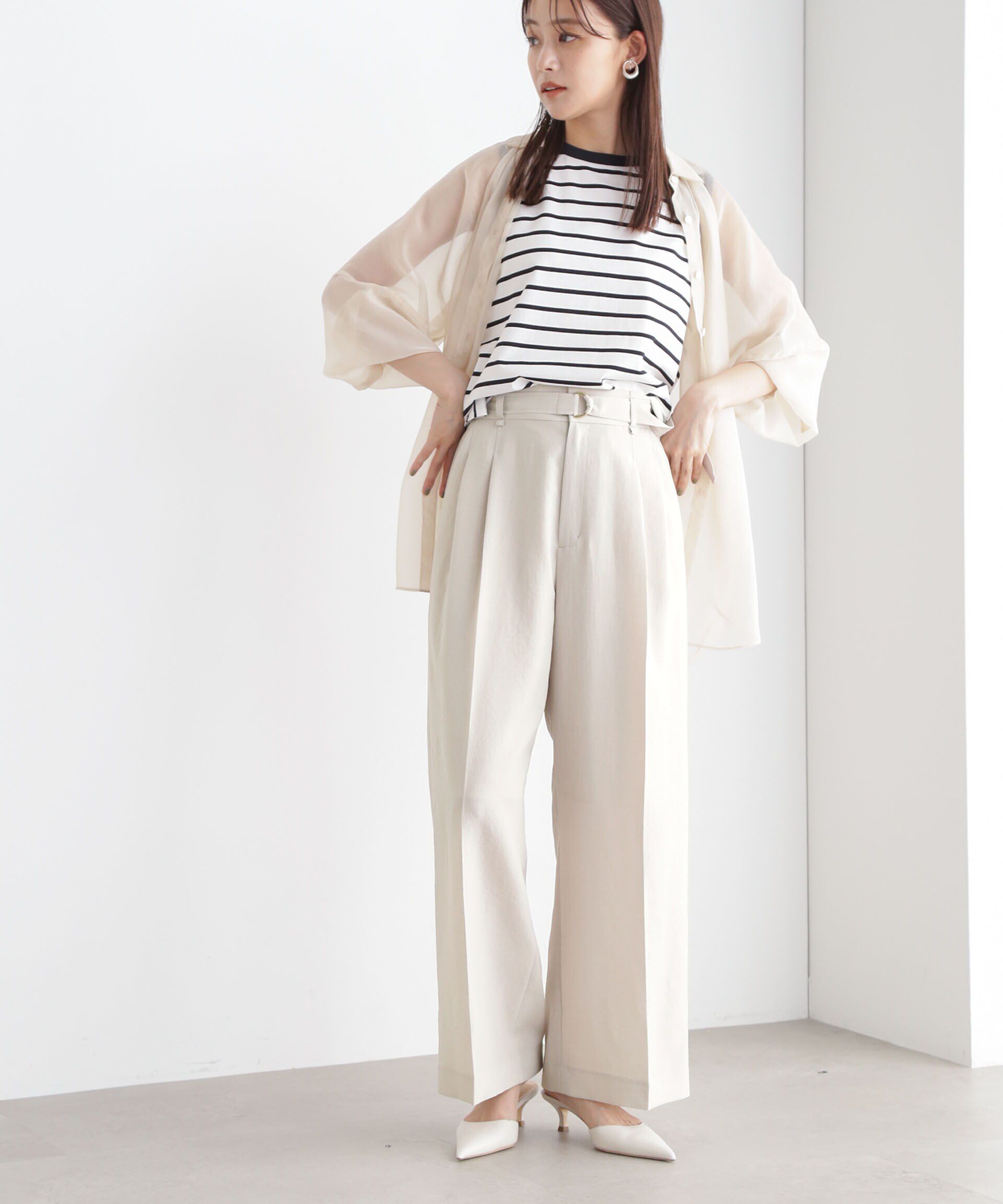 nano･universe「メランジドライ ベルト付きワイドパンツ(セットアップ可)」|チノ|
