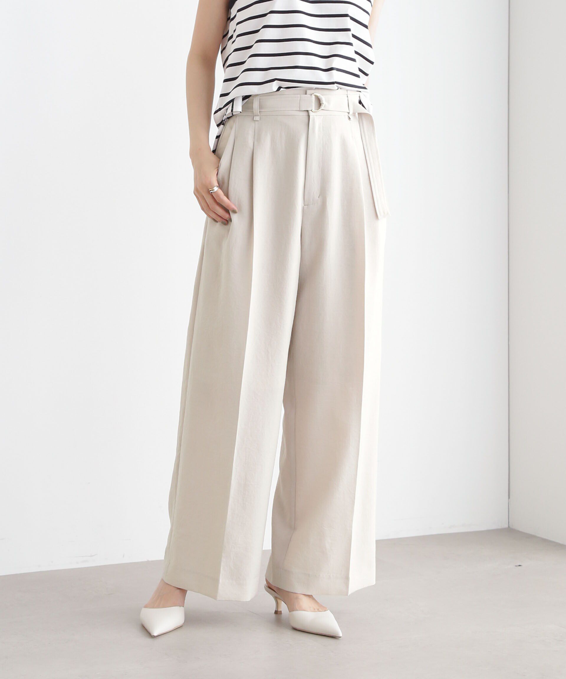 nano･universe「メランジドライ ベルト付きワイドパンツ(セットアップ可)」|チノ|