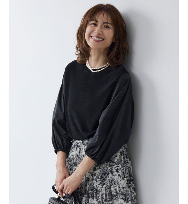 自由区「【カタログ掲載・洗える】ハイツイストコットンアセテート異素材コンビ トップス」|ニット・セーター|ﾌﾞﾗｯｸ&times;ﾌ