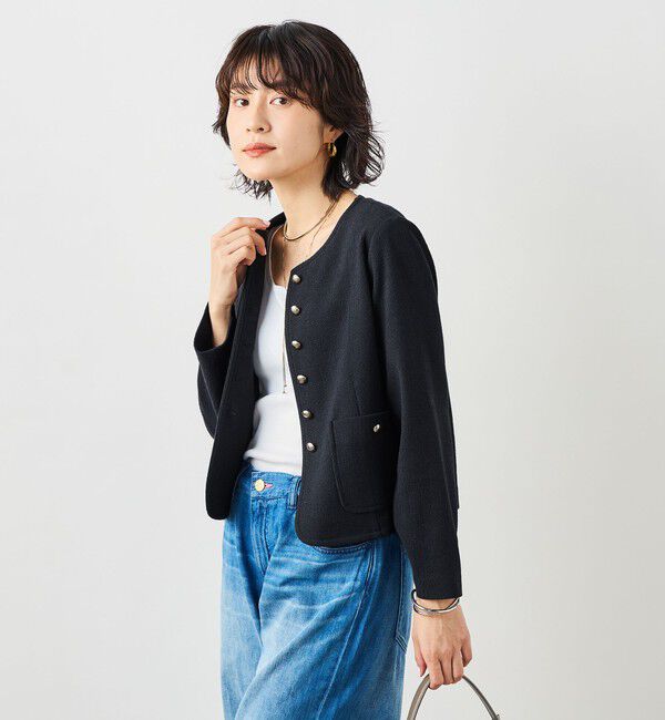 NOLLEY'S sophi「ウォッシャブルラッセルリングカーデジャケット」|ノーカラージャケット|ネイビー