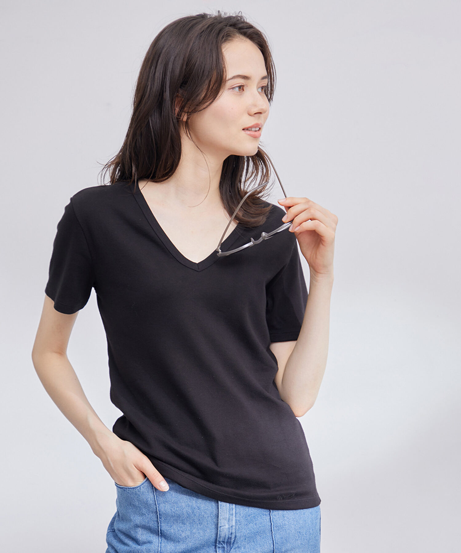 ROPE「【PETIT BATEAU（プチバトー）&times;ROPE'】VネックTEE」|Tシャツ・カットソー|ブラック(01)