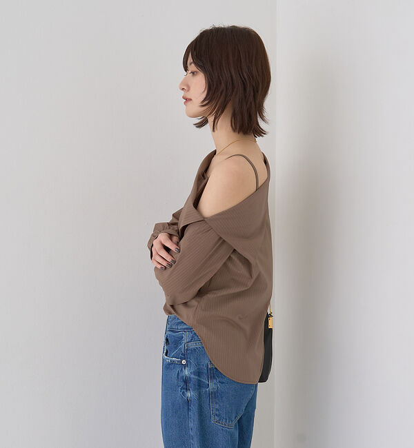 Rouge vif「【新色登場】【一部店舗限定】アシメオフショルブラウス ストライプ」|シャツ・ブラウス|