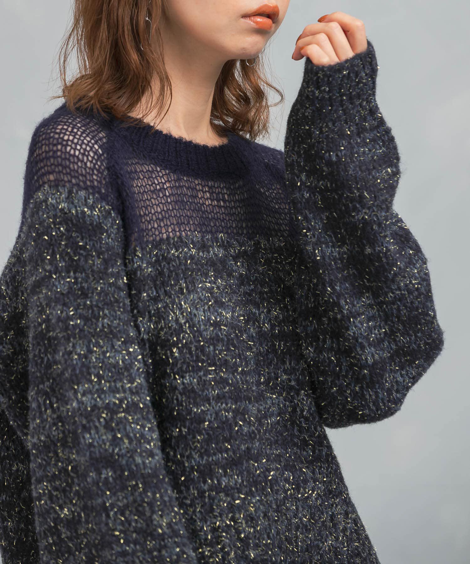 URBAN RESEARCH ROSSO「『WEB限定』ドッキングラメニット」|ニット・セーター|ネイビー