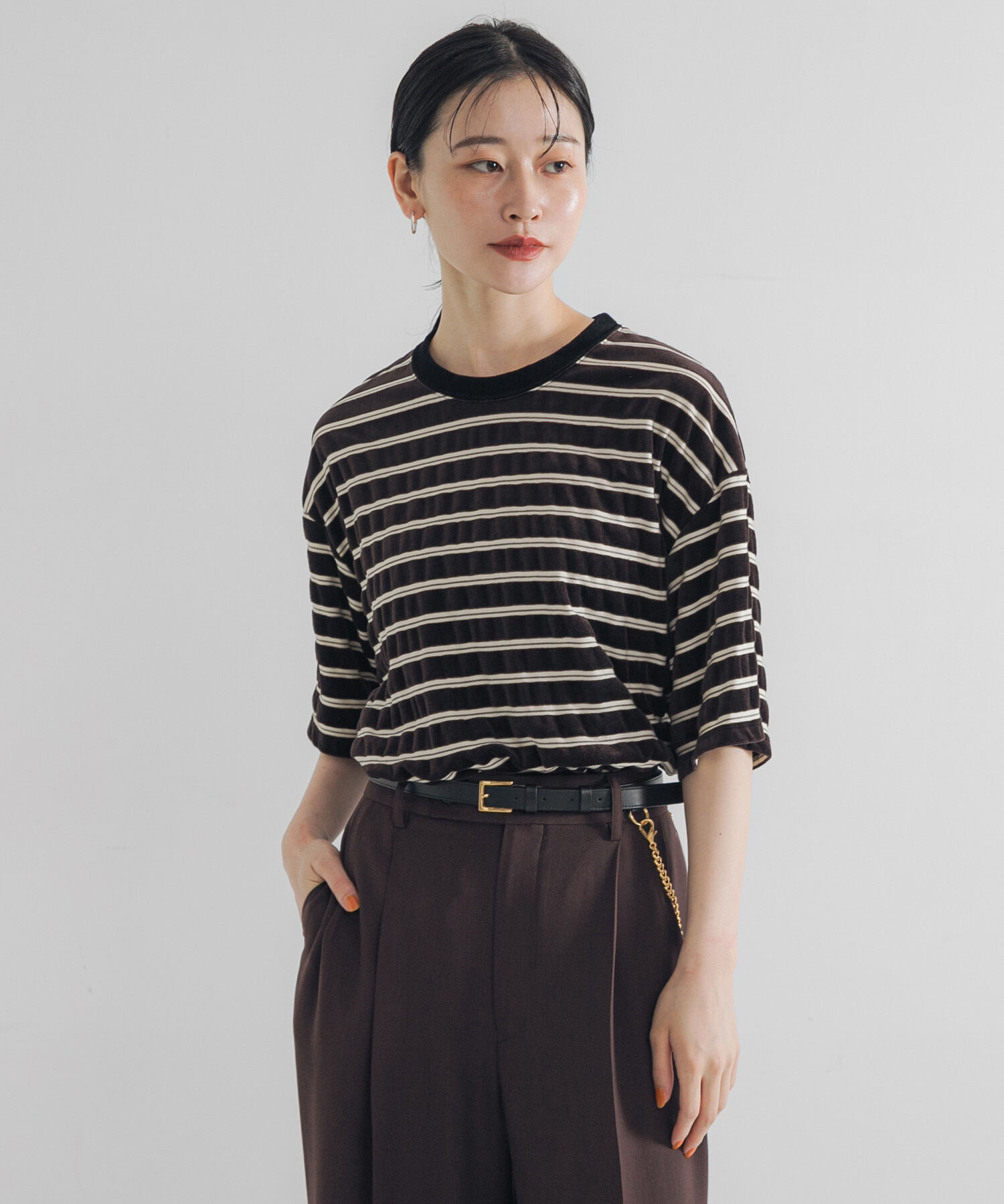 URBAN RESEARCH「ベロアボーダーカットソー」|Tシャツ・カットソー|ダークブラウン