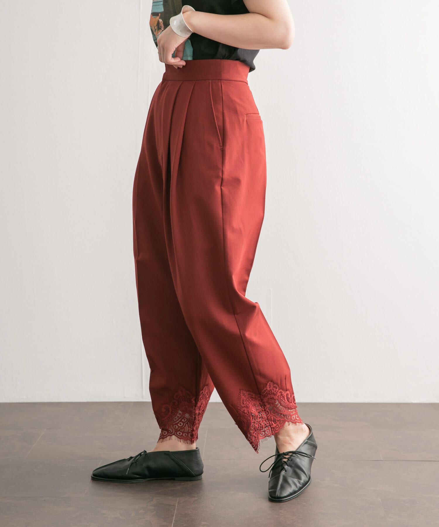 「レースヘムクロップドパンツ」|その他|ボルドー