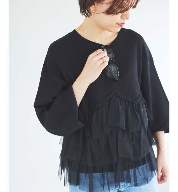 le.coeur blanc「《手洗い可能》Perle Peche チュールキリカエニット」|ニット・セーター|ブラック