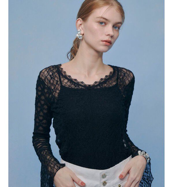 LOULOU WILLOUGHBY「【LOULOU WILLOUGHBY】ベルスリーブレースプルオーバー」|Tシャツ・カットソー|ブラック