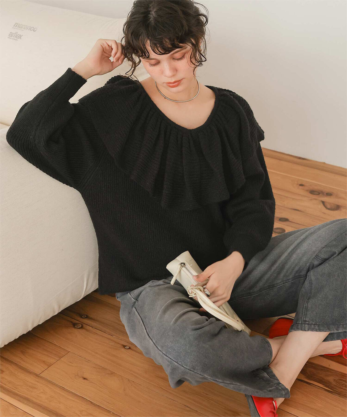 titivate「ウールブレンドギャザーフリル襟ニットトップス」|ニット・セーター|