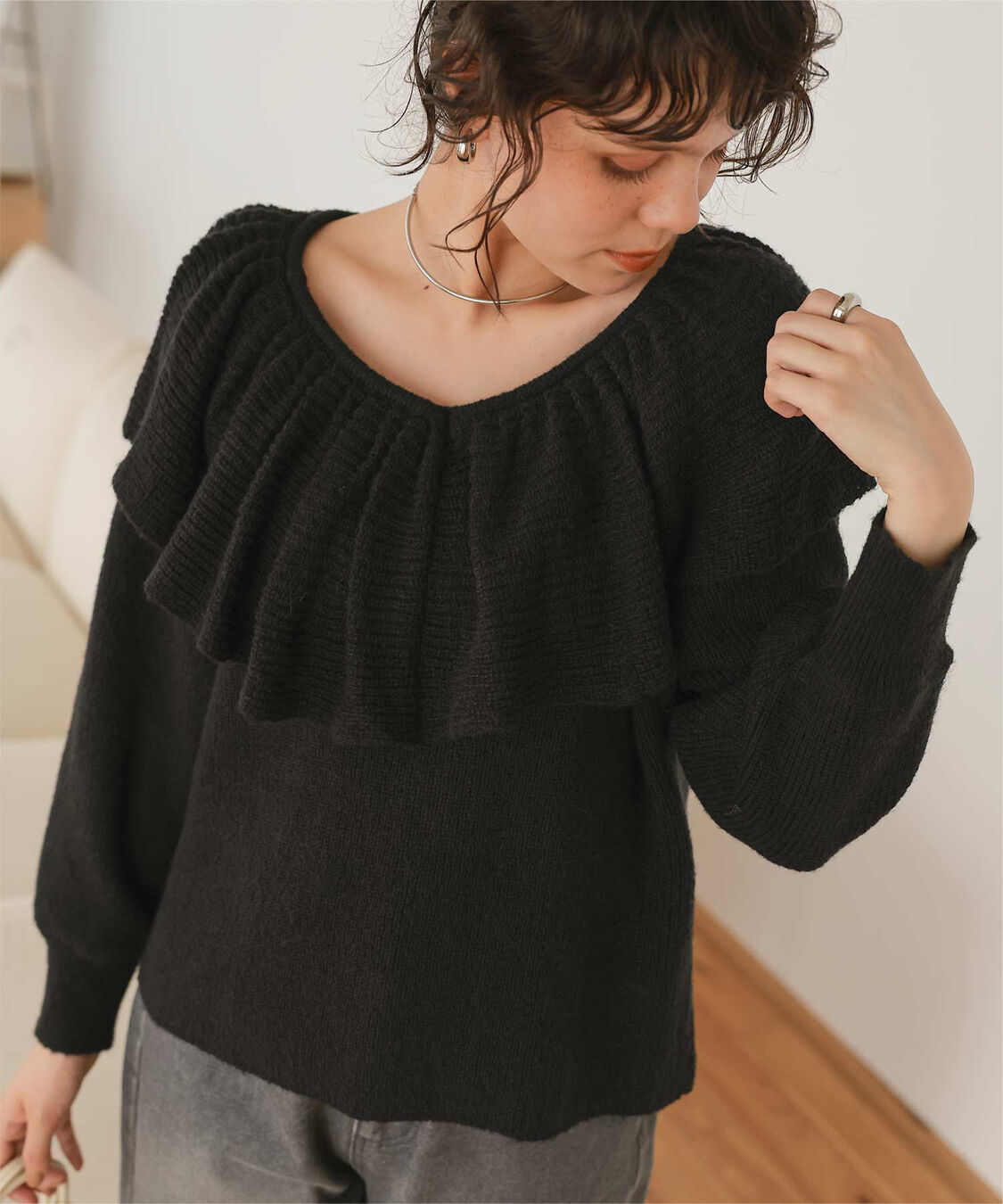 titivate「ウールブレンドギャザーフリル襟ニットトップス」|ニット・セーター|